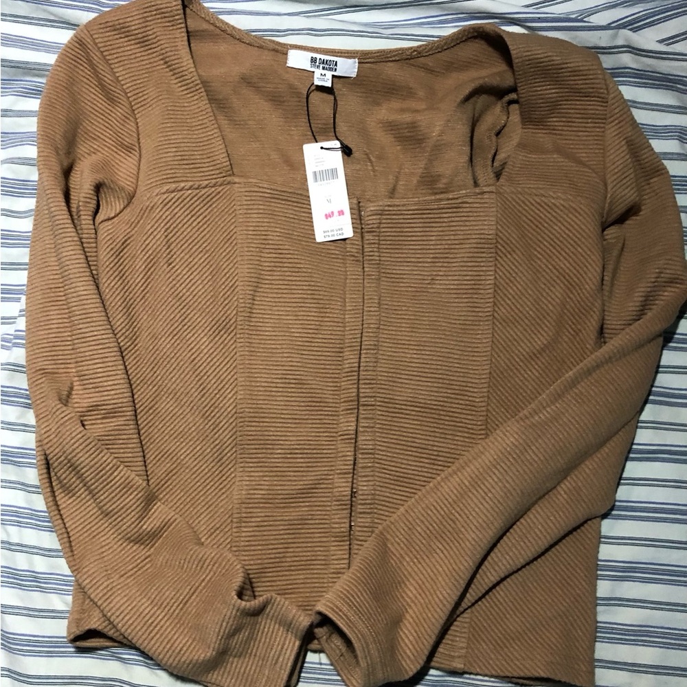 Anthropologie Ribbed Button-Down Top in Camel Brown M Corset style